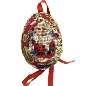 Rare Handmade Vtg Cross-stitch Tapestry Beaded Santa Egg Christmas Ornament